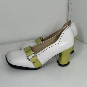 2000s John Fluevog Choice Vanny Pumps in white and green buckle detail.